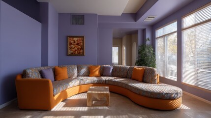 Violet accent wall with orange patterned furnishings and curved sectional layout morning sunlight filtering horizontal blinds complex shadow pattern