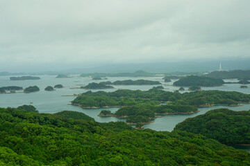 Uninhabited islands on the Japanese coast near the Saikai National Park's Kujukushima Islands, also called the 99 Islands, near Sasebo, Japan