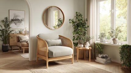Light-filled living room with a wicker armchair