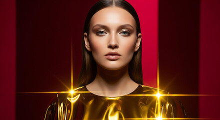 A glamorous woman in a gold metallic top, posing against a red backdrop with dramatic lighting.