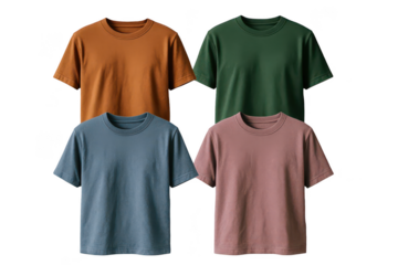 Four plain, short-sleeved t-shirts in various muted colors.