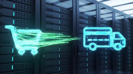 E-commerce order fulfillment: digital shopping cart to delivery truck, server room background. - Powered by Adobe