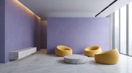 Vivid minimalist space with violet concrete wall mustard yellow seating angled sunlight upper glass strip casting warm diffuse shadows