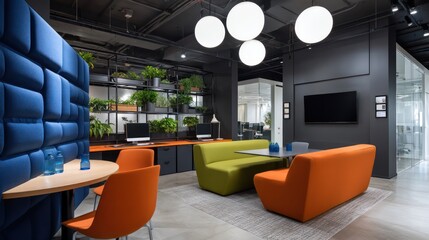 Vivid office corner with navy blue felt pinboard, bright coral shelving, and chartreuse ergonomic chairs, glowing ceiling orb lights