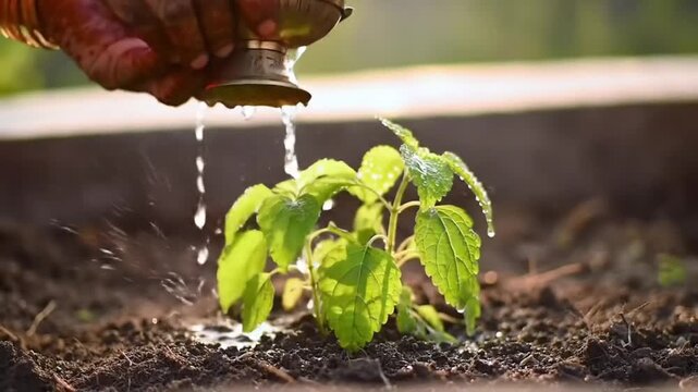 Hand watering a young seedling with a watering can, sunlight, nurturing growth.