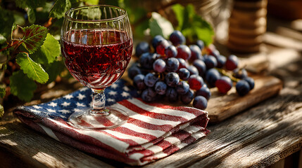 Independence day celebration. Fresh grape American flag wine glass outdoor wooden table summer celebration ,barbecue party outdoor, 4th of july gathering, family patriotic celebrating usa holiday