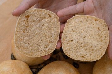 Homemade yeast rolls in cross-section, Crispy on the outside, soft on the inside