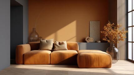 Warm-toned living room with pumpkin and navy palette plush microfiber sectional soft sunlight creating cascading volumetric shadows glass vase
