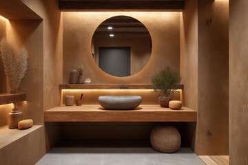 Warm-toned microbathroom with caramel-colored floating shelves, matte sienna walls, soft ambient lighting from ceiling ring light, ambient occlusion on