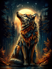 Majestic Wolf Head in Moonlit Forest Under Starry Night Sky and Mountain Forest background vector illustration with color vibrant details