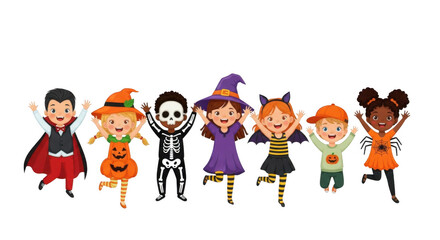 Fototapeta premium Group of happy children in various halloween costumes like a vampire, witch, and skeleton isolated on transparent background