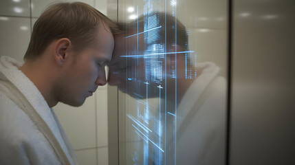 grooming with a smart mirror giving skincare analysis and virtual suggestions