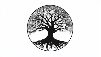 Simple, circular, black and white tree of life graphic