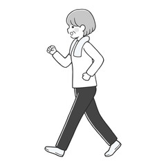 楽しくウォーキングするシニア女性 モノクロ