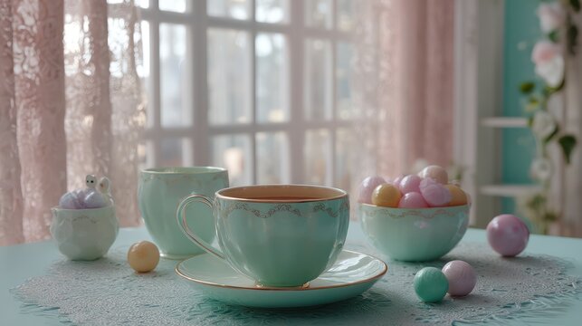Whimsical tea party room with oversized teacups pastel tones of mint and pink soft filtered light lace curtain realistic
