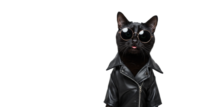 Cool Black Cat Wearing Sunglasses and Leather Jacket.