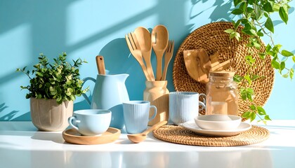 Eco-conscious kitchenware arrangement with wooden utensils blue mugs and plants on a light blue background