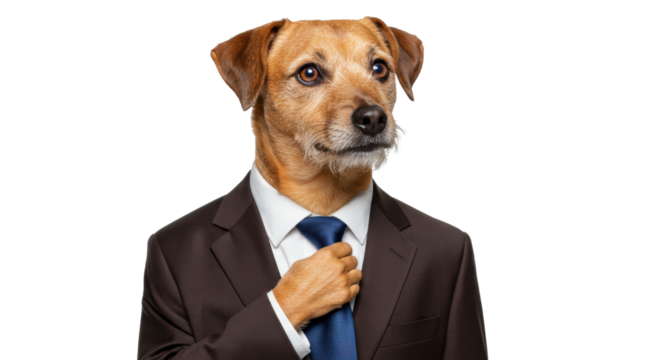 Dog in a Business Suit Adjusting His Tie.