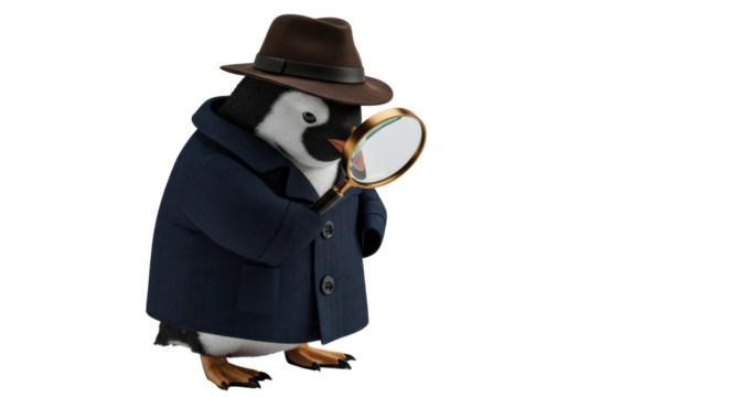 Penguin Detective Inspecting with Magnifying Glass.