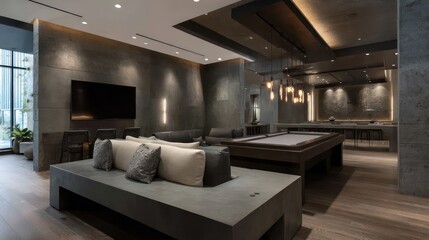 Zero-G cigar humidor lounge in taupe and basalt with atmospheric vapor trail lighting textured matte surfaces and softly scattered