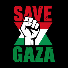 "Powerful 'Save Gaza' Fist Illustration with Palestinian Flag Colors Solidarity Design for Human Rights, Justice, and Peace Awareness Campaigns"