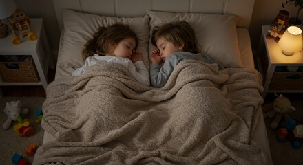Two young children peacefully asleep together under a blanket in their bed at night.