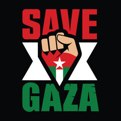 "Powerful 'Save Gaza' Fist Illustration with Palestinian Flag Colors Solidarity Design for Human Rights, Justice, and Peace Awareness Campaigns"