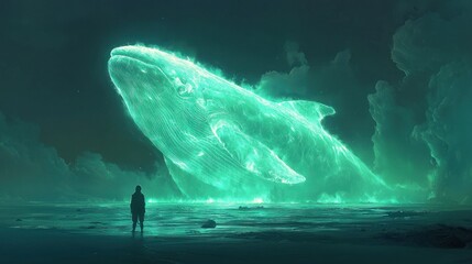 Enigmatic Glowing Whale: A Solitary Figure Witnesses a Celestial Marine Marvel