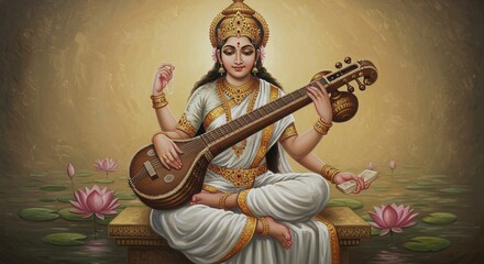 Goddess Saraswati, Hindu deity, playing veena, seated lotus, serene expression.