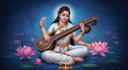 Serene Saraswati, Hindu goddess, plays veena amidst lotus flowers.