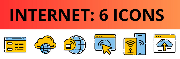 Fototapeta premium Internet icons set featuring six colorful symbols of connectivity 