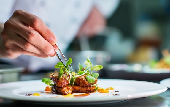 Chef plating gourmet food with tweezers in fine dining restaurant