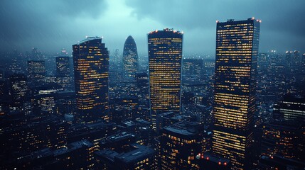 Nightfall over London: Illuminated Skyscrapers and Cityscape