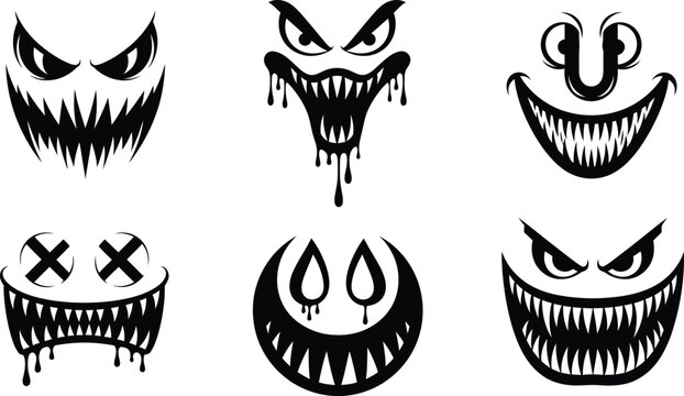Collection of six stylized black monster faces with sharp teeth and various expressions