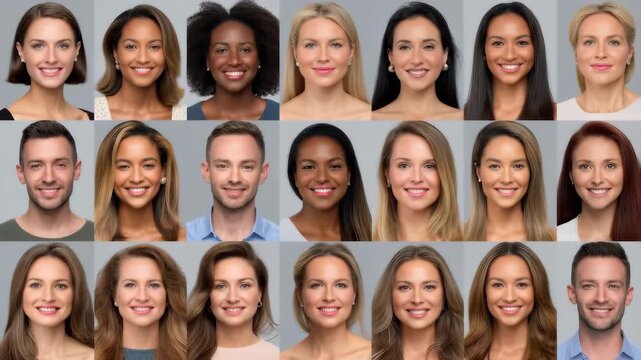 Digital portraits of diverse smiling people, showcasing community and connection – useful for inclusivity and social media branding. - Powered by Adobe