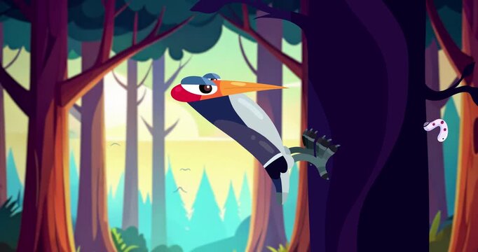 Happy cartoon woodpecker classic hand drawn animation on AI generated dark wood background. Natural hammer drill. Always looking for sawyers. Little caterpillar walking down the tree added.