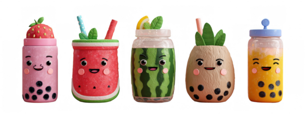 Cute 3D Clay Style Summer Drink Characters Collection with Emoji Faces, Non-Alcoholic Beverages, Transparent Background