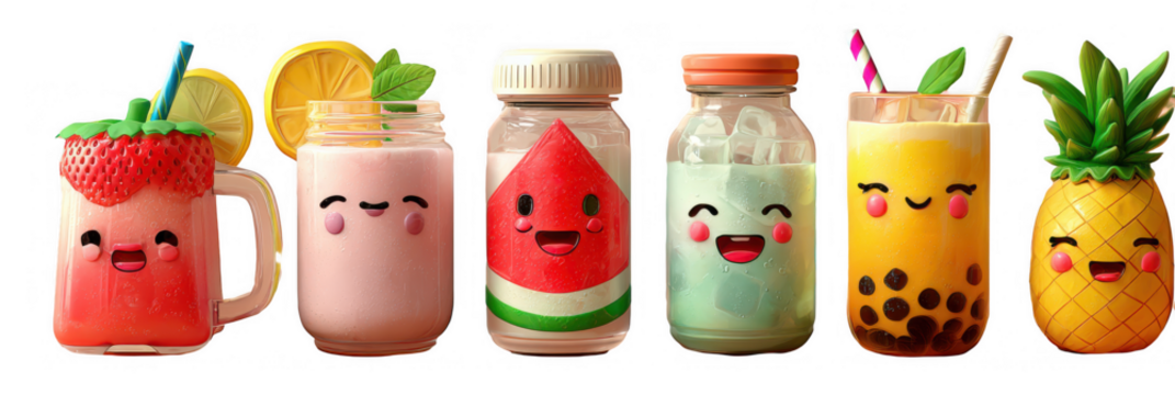 Cute 3D Clay Style Summer Drink Characters Collection with Emoji Faces, Non-Alcoholic Beverages, Transparent Background