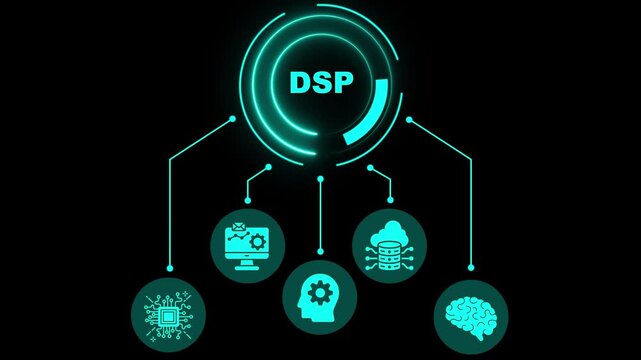 Glowing Neon  DSP - Demand Side Platform Business, Technology, Internet and Network Concept.