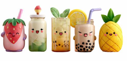 Cute 3D Clay Style Summer Drink Characters Collection with Emoji Faces, Non-Alcoholic Beverages, Transparent Background