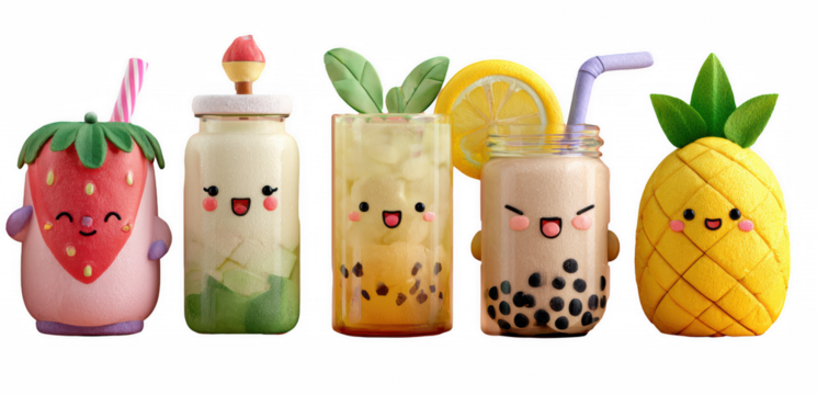 Cute 3D Clay Style Summer Drink Characters Collection with Emoji Faces, Non-Alcoholic Beverages, Transparent Background