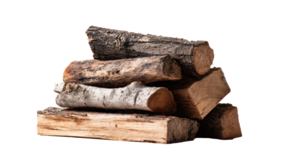 Wooden planks and fire logs in rustic storage stack,  forest vibe, white background