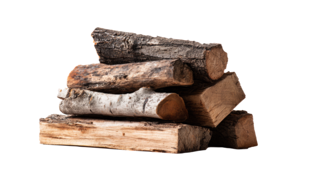 Wooden planks and fire logs in rustic storage stack,  forest vibe, white background