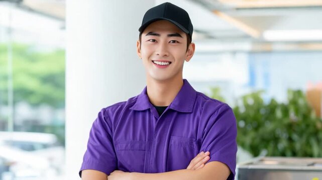 Friendly Service Staff: A portrait of a smiling, professional service person with a focused gaze, embodying hospitality, expertise, and dedication to exceeding expectations.