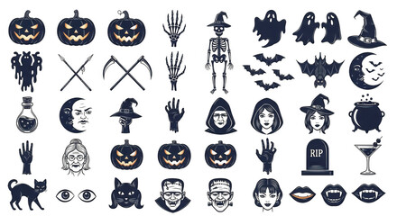 A spooky assortment of halloween icons featuring pumpkins, ghosts, skeletons, bats, witches, and more isolated on transparent background