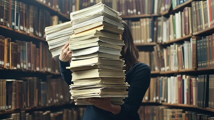 A person holding a large stack of books in a library
