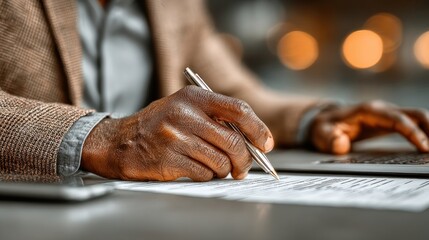 Businessman managing digital invoices on laptop, viewing electronic statements, processing online tax documents, and handling e-billing solutions