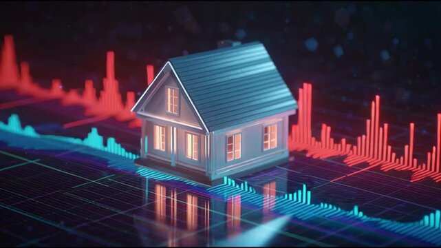 Real estate market crash visualized with glowing house model digital financial chart. conceptual representation of property value, mortgage volatility, and investment risk during an economic crisis