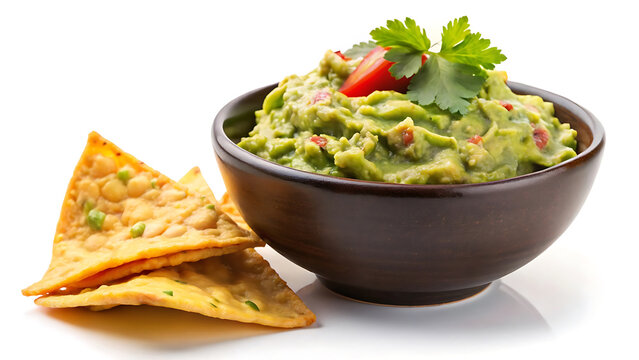 A Bowl Of Guacamole With Tortilla Chip Dipped In Styled On White Setting