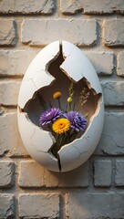 Cracked Egg with Flowers - Symbol of New Life and Growth
